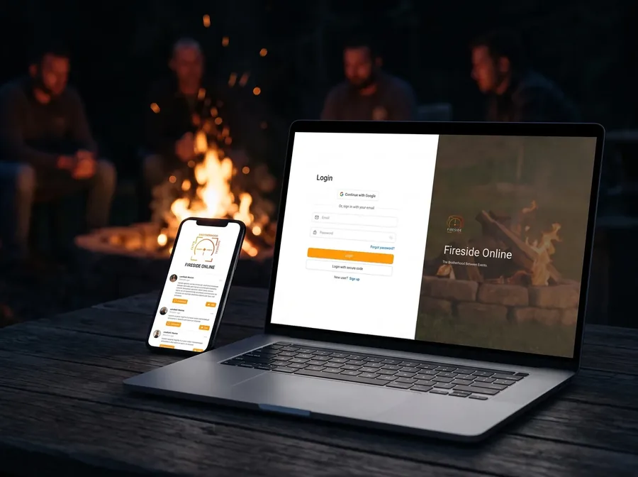 Fireside Online on a laptop and a phone beside the fire